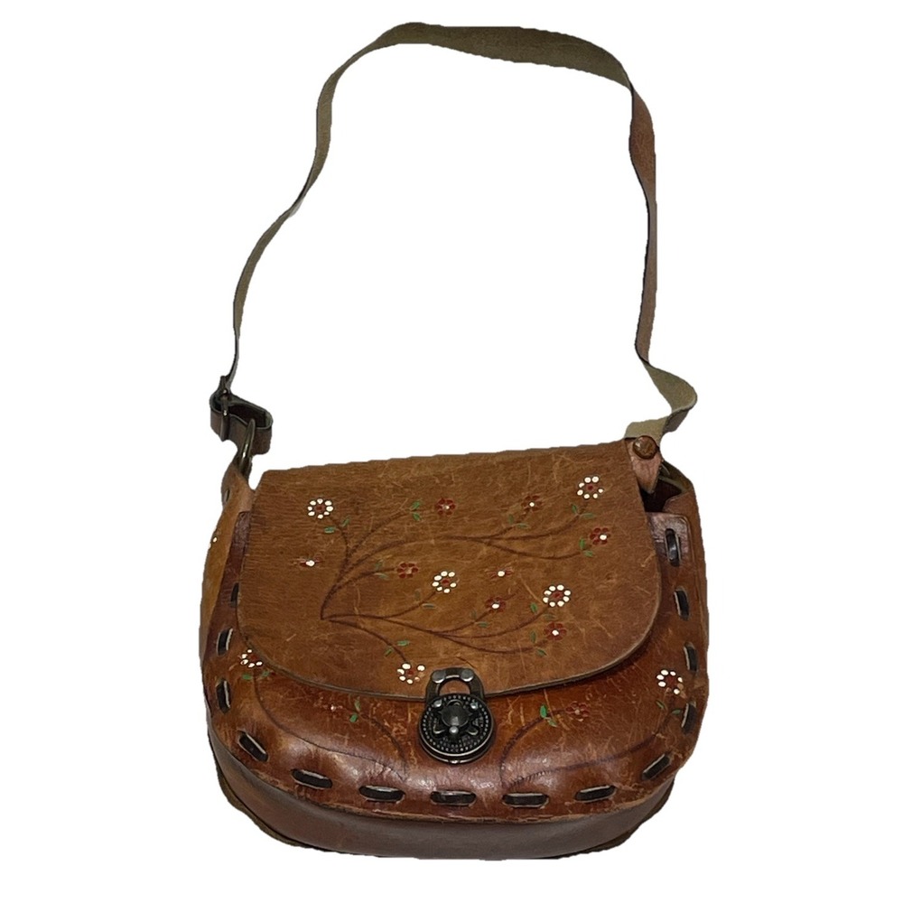 Vintage Handmade Hand Tooled Leather Crossbody Hanbag Purse Flowers